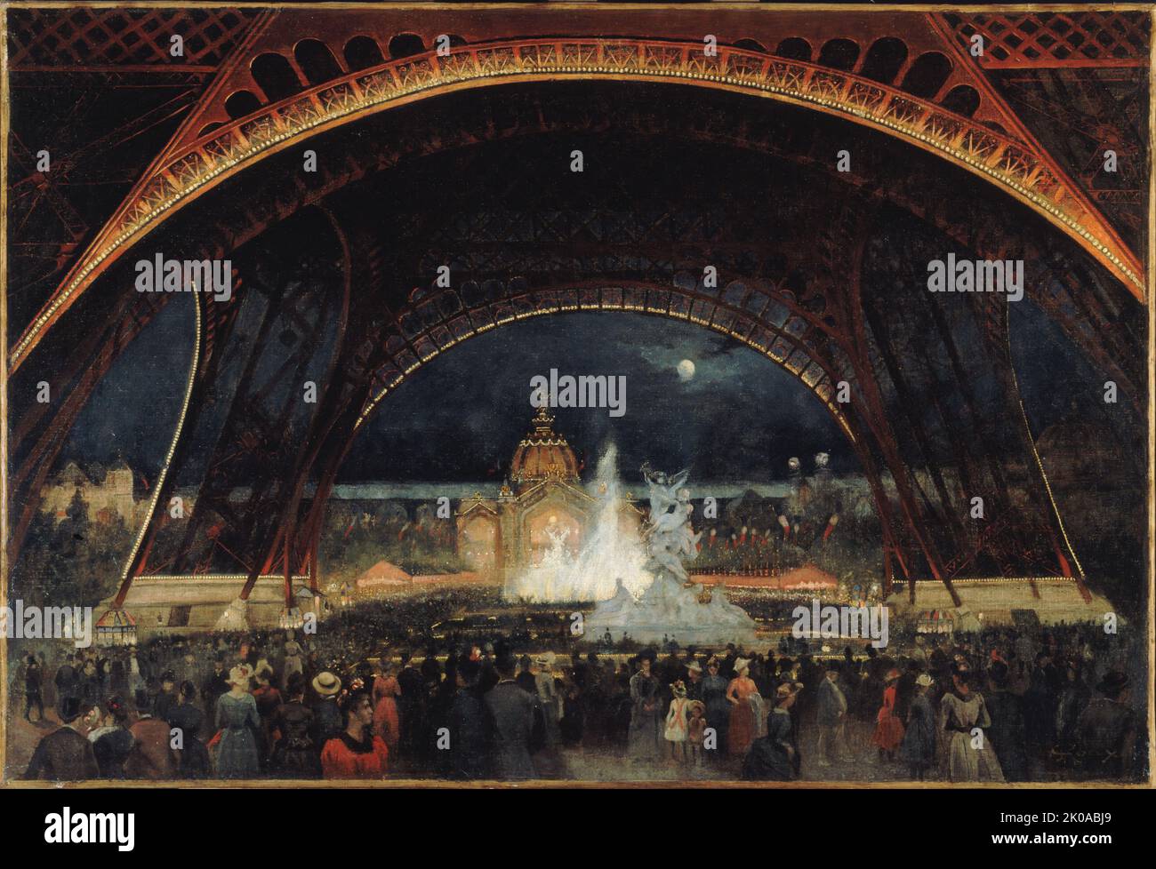 Nachtfest auf der Weltausstellung von 1889, unter dem Eiffelturm, c1889. Stockfoto