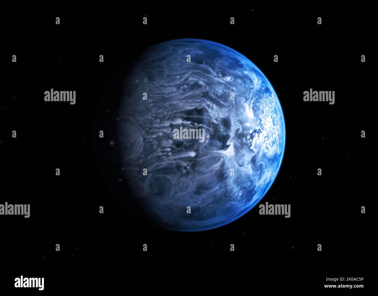 Rains of Terror auf Exoplanet HD. Künstlerkonzept des exoplaneten HD 189733b. Für das menschliche Auge sieht dieser ferne Planet leuchtend blau aus. Aber die kobaltblaue Farbe stammt nicht aus der Reflexion eines tropischen Ozeans, wie auf der Erde, sondern aus einer dunstigen, geblasen Atmosphäre mit hohen Wolken, die mit Silikatpartikeln übersät sind Stockfoto