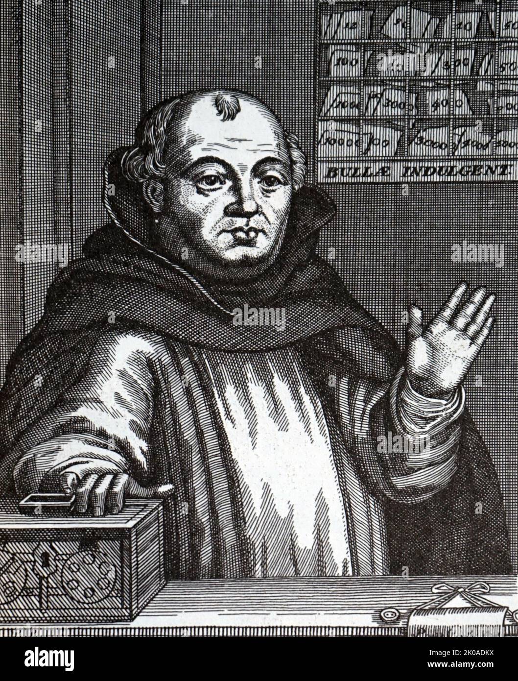 Johann Tetzel (c. 1465 - 1519) Deutscher Dominikanerbrüder und Prediger. Er wurde zum Inquisitor für Polen und Sachsen ernannt, später zum Großkommissar für Ablässe in Deutschland. Tetzel war dafür bekannt, im Namen der katholischen Kirche Ablässe im Austausch gegen Geld zu gewähren. Die von Johann Tetzel verkauften Ablässe wurden hauptsächlich zur Finanzierung und zum Bau des neuen Petersdoms in Rom verwendet Stockfoto