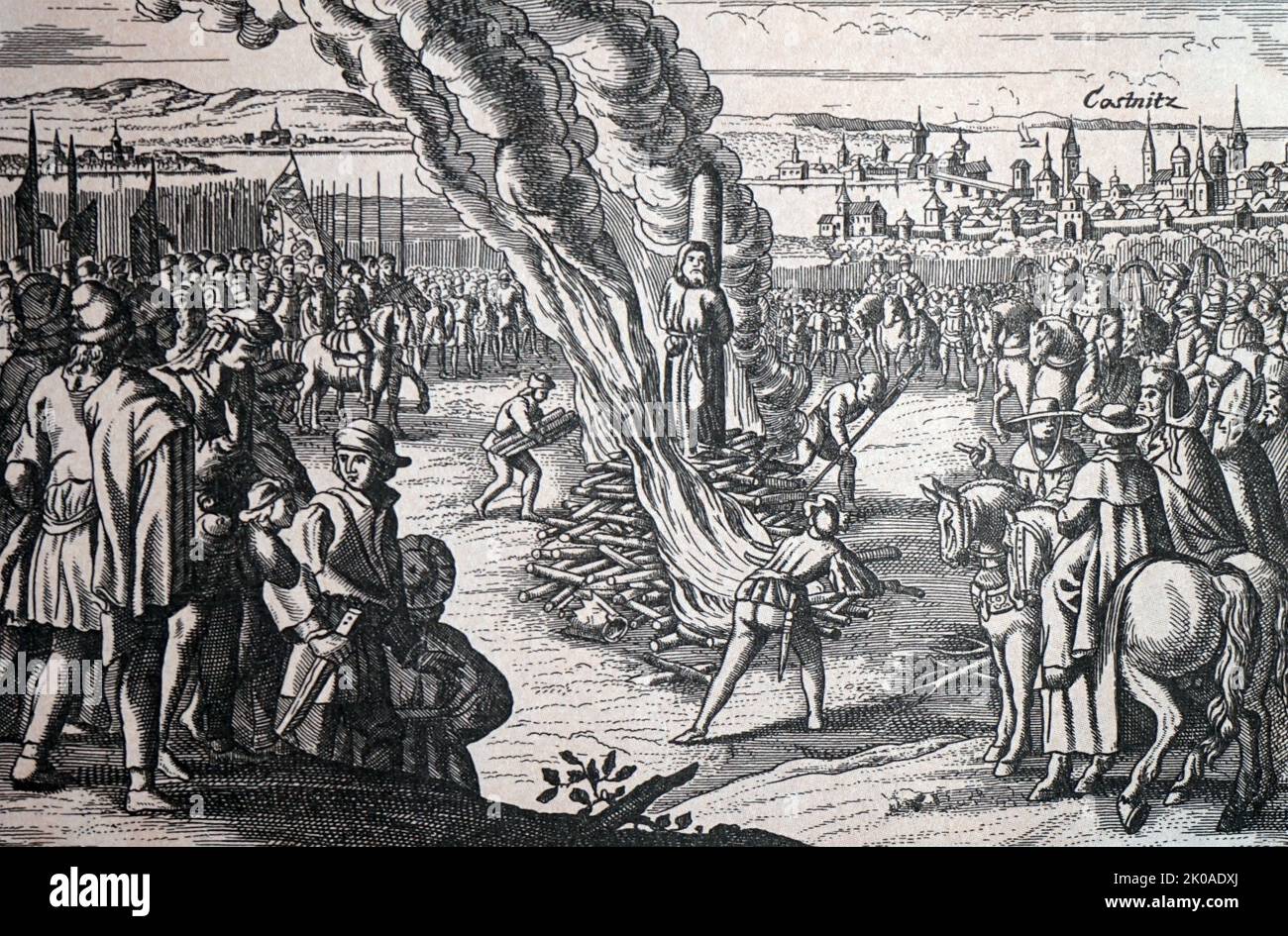 Die Verbrennung des Mitarbeiters von Jan Hus, Hieronymus von Prag, in der Stadt Constanta am 30. Mai 1416. Mittelalterliche Gravur Stockfoto