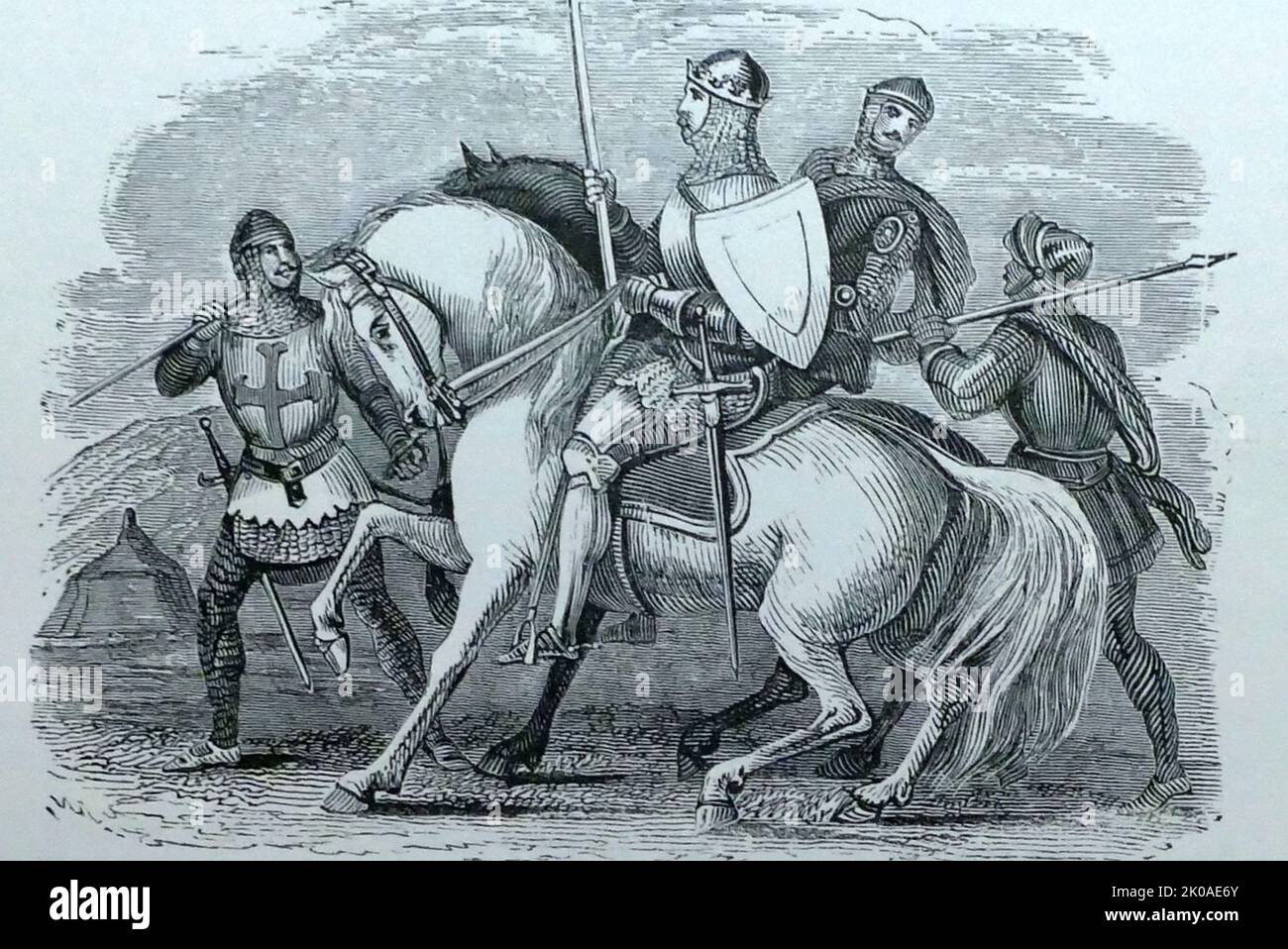 Englische Ritter aus dem 14.. Jahrhundert auf dem Pferderücken Stockfoto