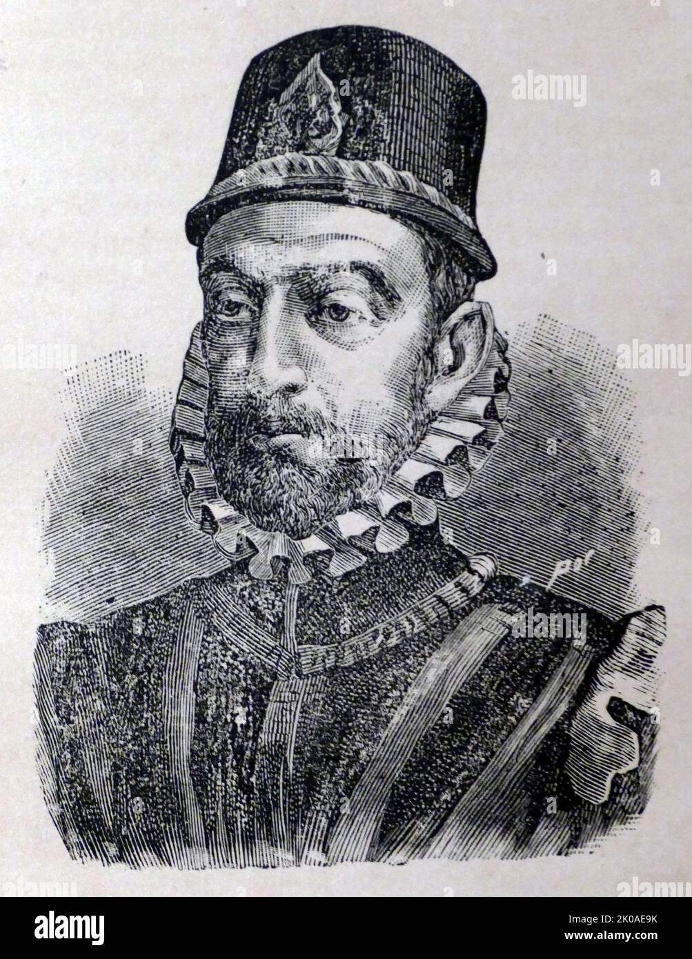 Philipp II. (21. Mai 1527 - 13. September 1598), auch bekannt als Philipp der Kluge (spanisch: Felipe el Prudente), war ab 1556 König von Spanien, ab 1580 König von Portugal und von 1554 bis zu seinem Tod im Jahr 1598 König von Neapel und Sizilien. Er war auch jure uxoris König von England und Irland von seiner Ehe mit Königin Maria I. im Jahr 1554 bis zu ihrem Tod im Jahr 1558. Ab 1540 war er auch Herzog von Mailand. Ab 1555 war er Herr der siebzehn Provinzen der Niederlande Stockfoto