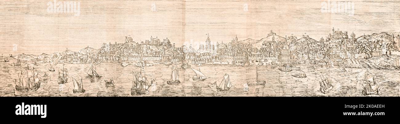 Lissabon, Portugal, wenige Monate vor dem Erdbeben von 1755. Am 1. November 1755 wurde die Stadt durch ein weiteres verheerendes Erdbeben zerstört, bei dem schätzungsweise 30.000 bis 40.000 Einwohner von Lissabon, die zwischen 200.000 und 275.000 Einwohner zählten, getötet und 85 Prozent der Stadtstrukturen zerstört wurden Stockfoto