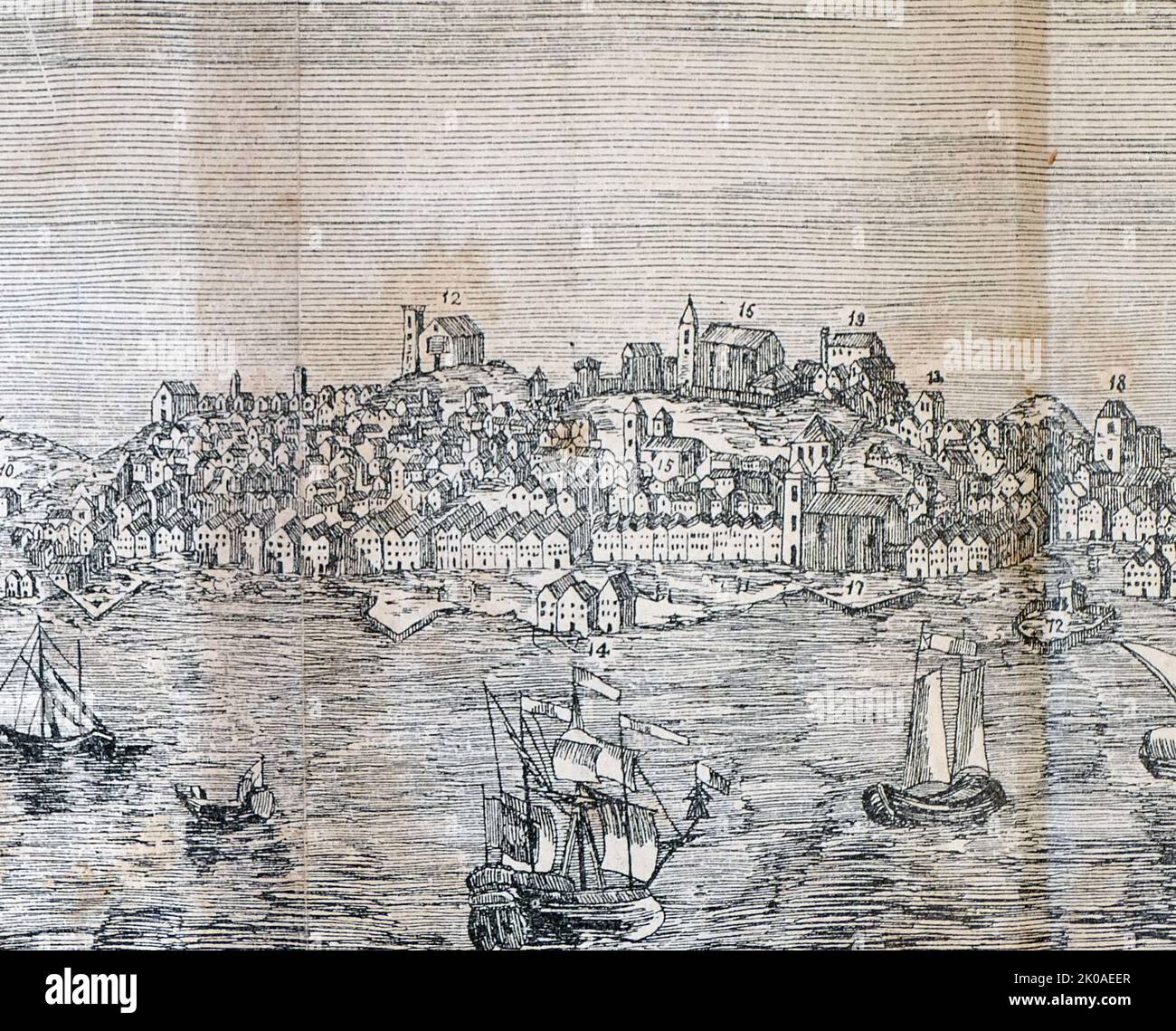 Lissabon, Portugal, wenige Monate vor dem Erdbeben von 1755. Am 1. November 1755 wurde die Stadt durch ein weiteres verheerendes Erdbeben zerstört, bei dem schätzungsweise 30.000 bis 40.000 Einwohner von Lissabon, die zwischen 200.000 und 275.000 Einwohner zählten, getötet und 85 Prozent der Stadtstrukturen zerstört wurden Stockfoto