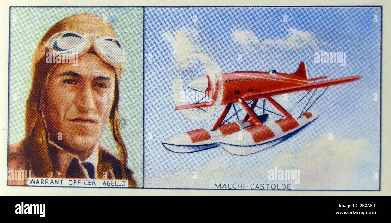 Francesco Agello (1902. - 24. November 1942) italienischer Testpilot, der mit dem Macchi M.C. 72 einen Geschwindigkeitsrekord aufstellte. Allerdings starben nacheinander die Testpiloten vor Agello, zuerst Luigi Monti und dann Gianmarco Bellini mit dem M.C. 72, Neri starb 1933 mit einem CR-20. Agello wurde berühmt, als es ihm am 10. April 1933 gelang, das Flugzeug zu einem neuen Geschwindigkeitsrekord über Wasser zu pilotieren. Er erreichte eine Durchschnittsgeschwindigkeit von 683 km/h (424 mph) Stockfoto
