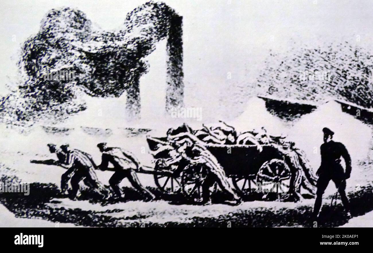 Der Weg zum Krematorium. Zeichnung von Mieczyslaw Watorski 1903 - 1979. Holocaust-Kunst. Mieczyslaw Watorski war ein kreativer bildender Künstler Stockfoto