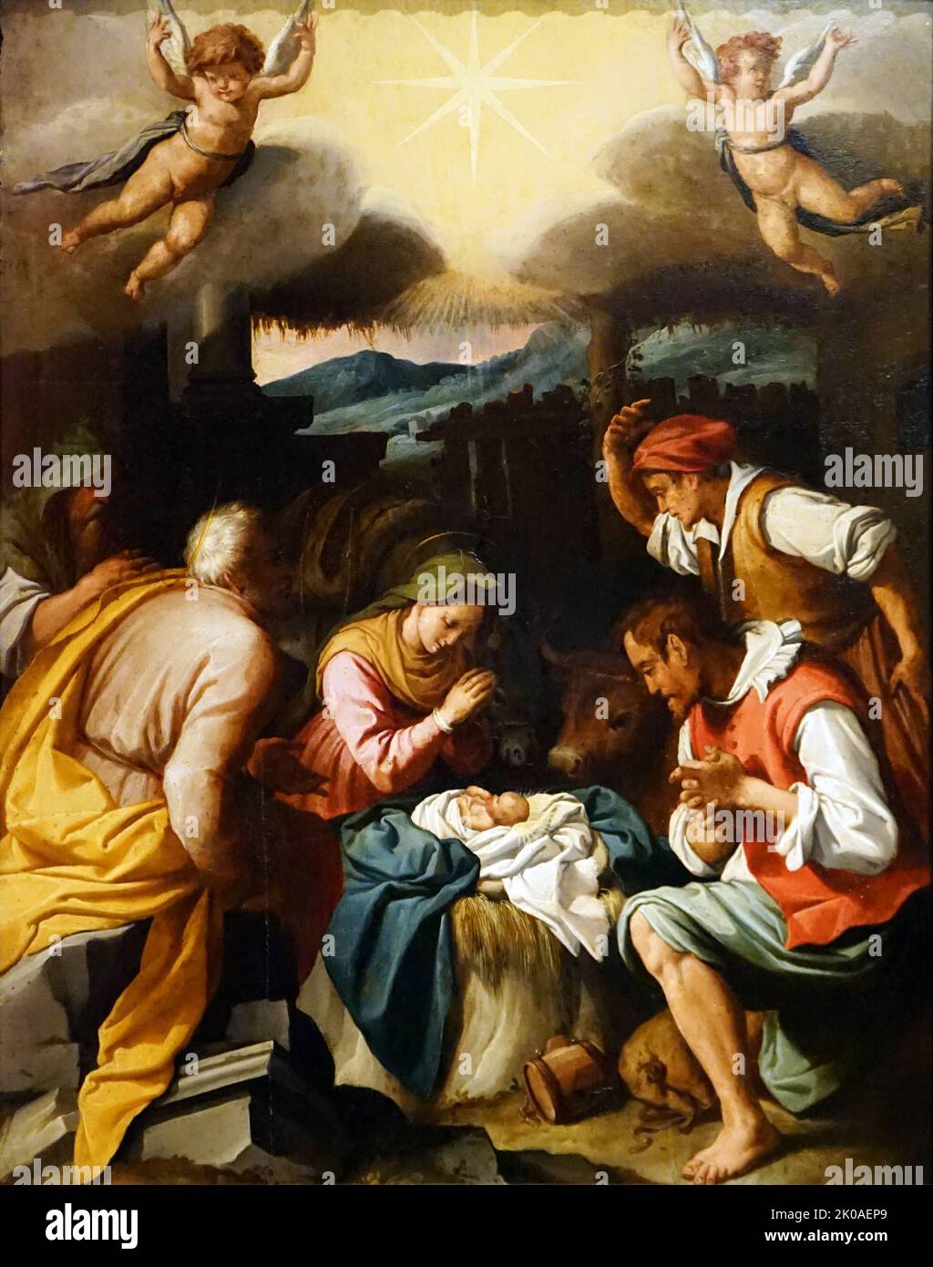 Die Anbetung der Hirten durch Jacopo Chimenti (1551-1640) c. 1565-1575 Öl auf Platte Stockfoto