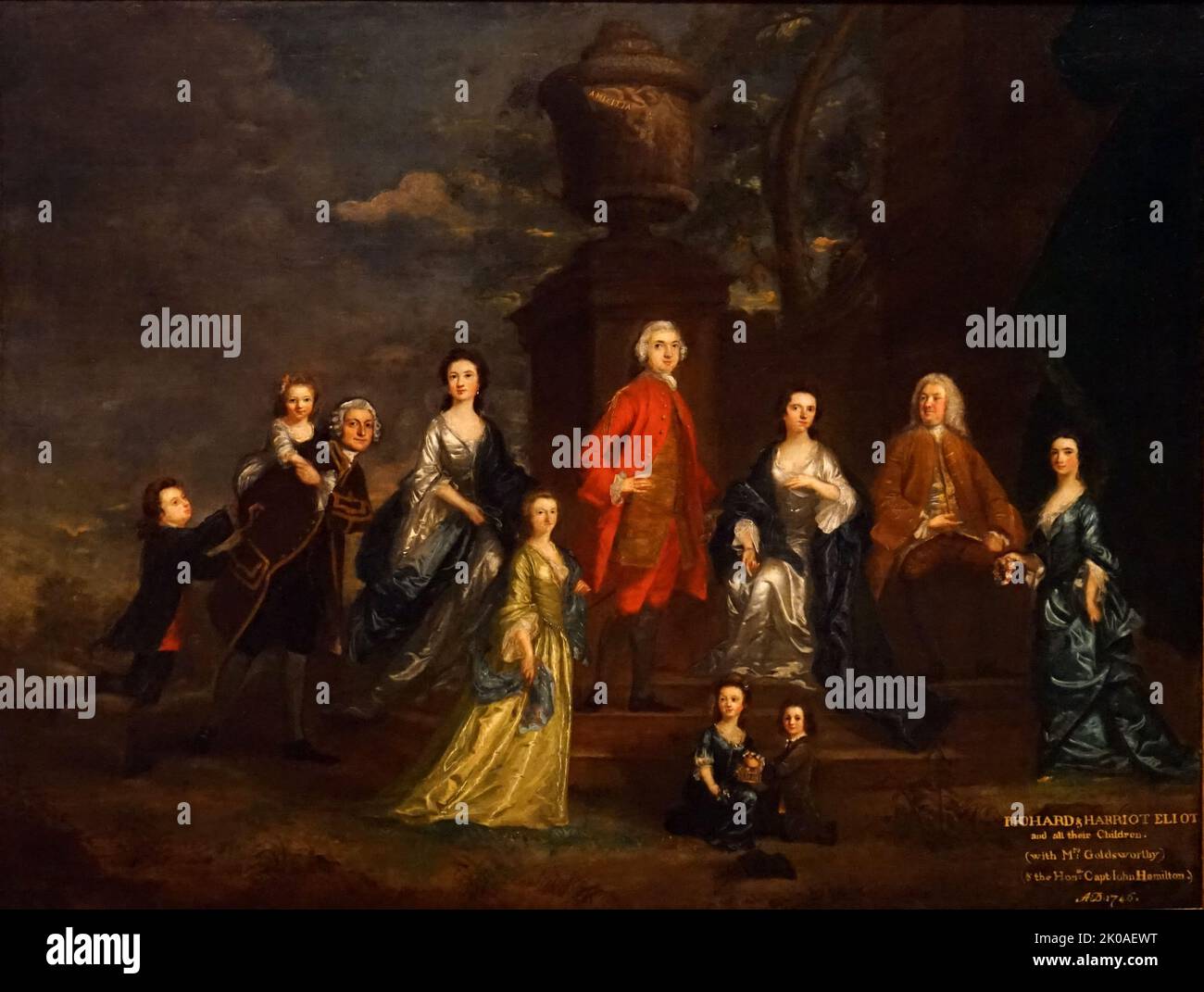 Gruppenporträt von Richard Eliot und Familie; 1746 von Sir Joshua Reynolds (1723-1792). Richard Eliot (1694-1748) aus St. Giles-in-the-Fields, Middlesex, war ein britischer Diplomat, Beamter und Politiker, der von 1733 bis 1748 im Unterhaus saß Stockfoto