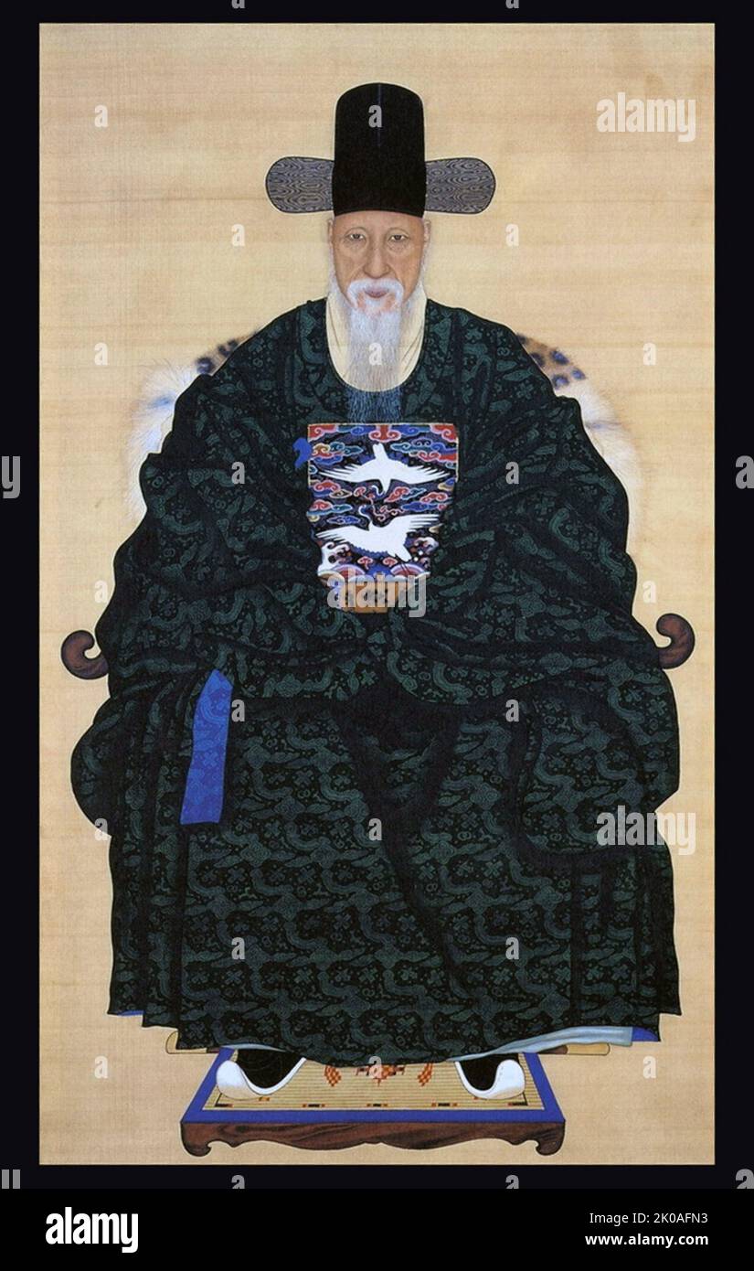Porträt: Eine berühmte offizielle und intellektuell-akademische Figur des Joseon aus dem 18.. Jahrhundert, Korea: Oh-Jae-soon . Es wird angenommen, dass der Maler Yi-Myeong-Gi dieses Porträt zu der Zeit gemacht hat, als Oh Jaesoon 65 Jahre alt war. Es ist als National Treasure Nummer 1493 registriert. Stockfoto