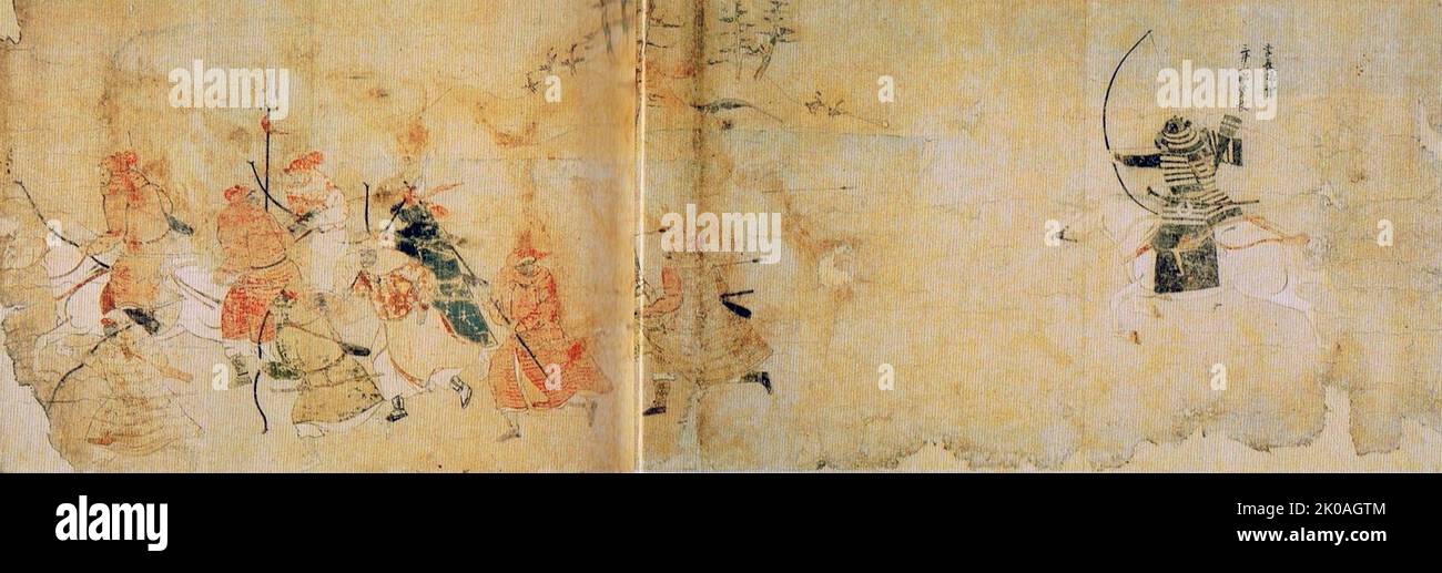 Der japanische Samurai Eroku Sukenaga Mitsui schießt einen Pfeil auf einen fliehenden mongolischen Soldaten. In „Mongol Invasion Essay“, Band 1. Stockfoto