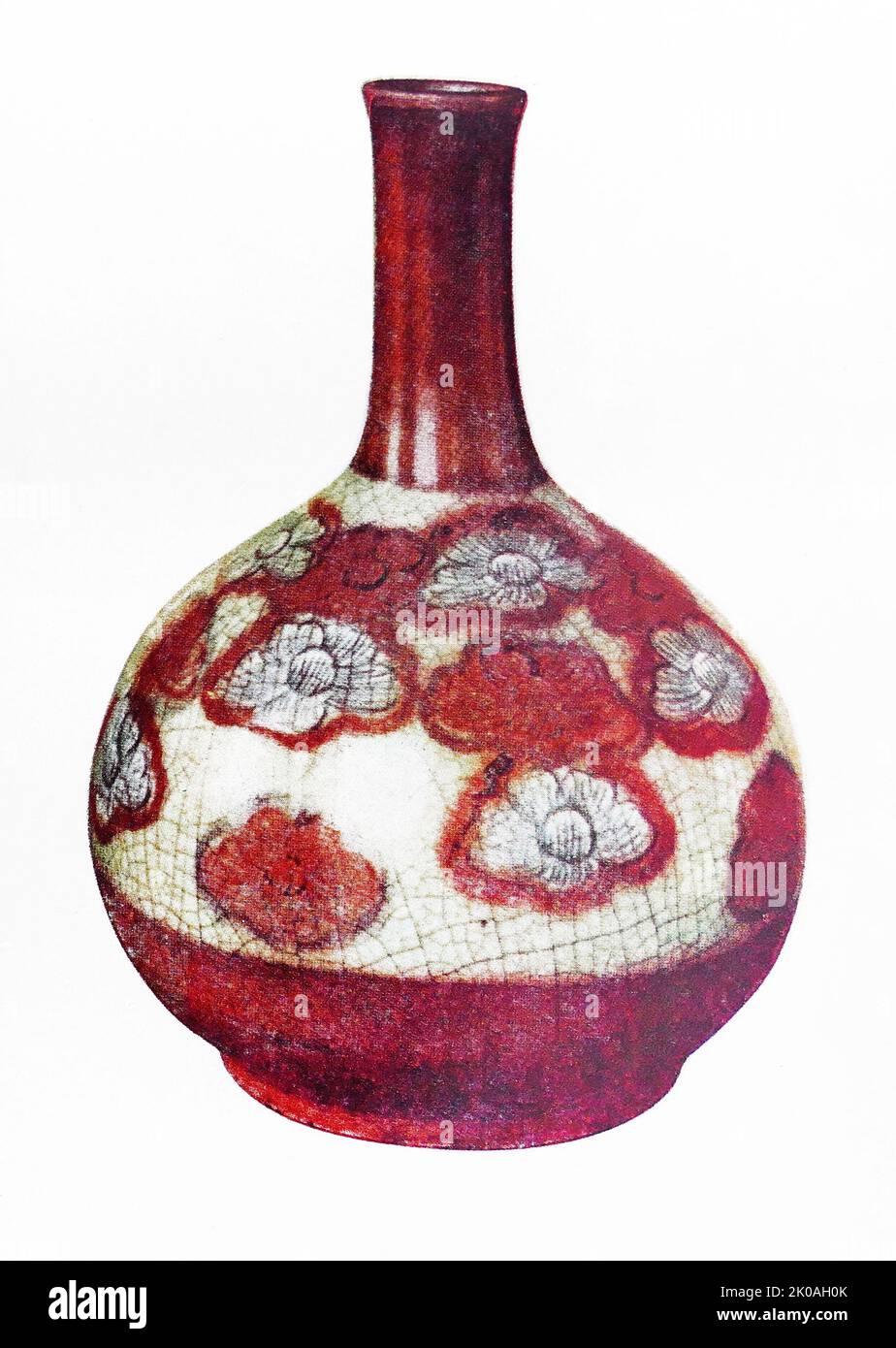 Flasche mit floralem Design in Unterglasur und Zinnober. Aus der Zeit der Joseon-Dynastie (1392 - 1910) Stockfoto