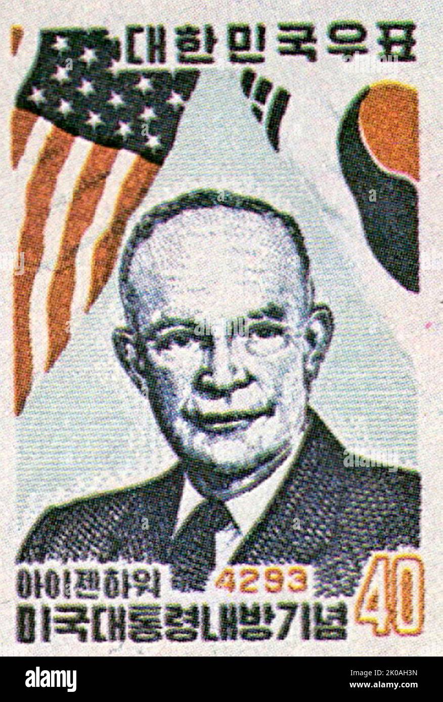 Eisenhower ist bekannt für seine Rolle bei den Verhandlungen und der Beendigung des Koreakrieges, wodurch die Grenze die Parallele von 38. zurückversetzt wird. Stockfoto