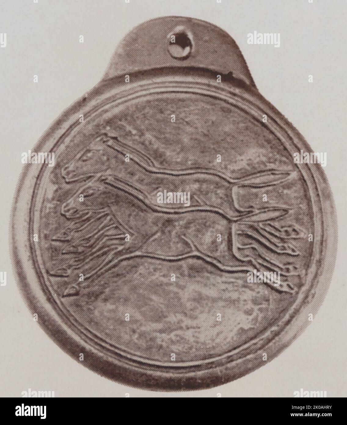 Ein Identifikationszeichen eines Beamten der Zentralregierung, wenn er in die lokalen Gebiete geht. Er zeigt diese Medaille dem Stationsmeister, um neue Staffelpferde zu bekommen. Aus Kupfer. Aus der Zeit der Joseon-Dynastie (1392 - 1910) Stockfoto
