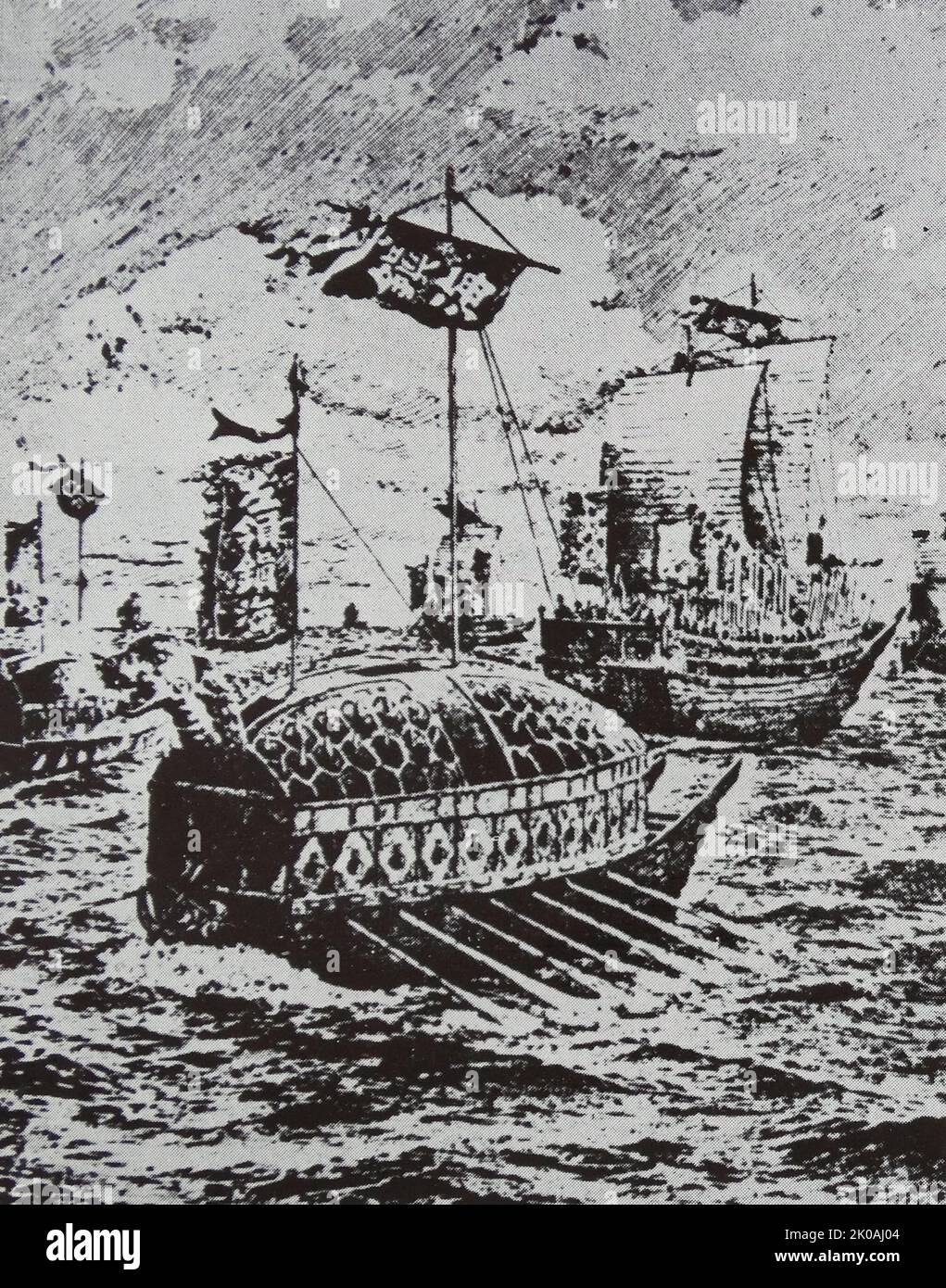 Die japanischen Invasionen in Korea von 1592-1598 oder im Imjin-Krieg beinhalteten zwei separate, aber miteinander verbundene Invasionen: Eine erste Invasion im Jahr 1592, einen kurzen Waffenstillstand im Jahr 1596 und eine zweite Invasion im Jahr 1597. Im Jahr 1591 wurde Admiral Yi Sun Sin zum Kommandeur der linken Marine der Provinz Cholla ernannt, der mit dem Schutz der südwestlichen Küste Koreas beauftragt war. Während des ersten Jahres der Invasion versetzte sich Admiral Yi in zehn aufeinanderfolgenden Seesiegen, die die japanische Marine dezimierten. Admiral Yi gewann seinen neunten Sieg in der Schlacht von Pusan-p'o. Seine Flotte von 92 Schiffen, angeführt vom Schildkrötenschiff, traf auf 470 japanische Schiffe und Stockfoto