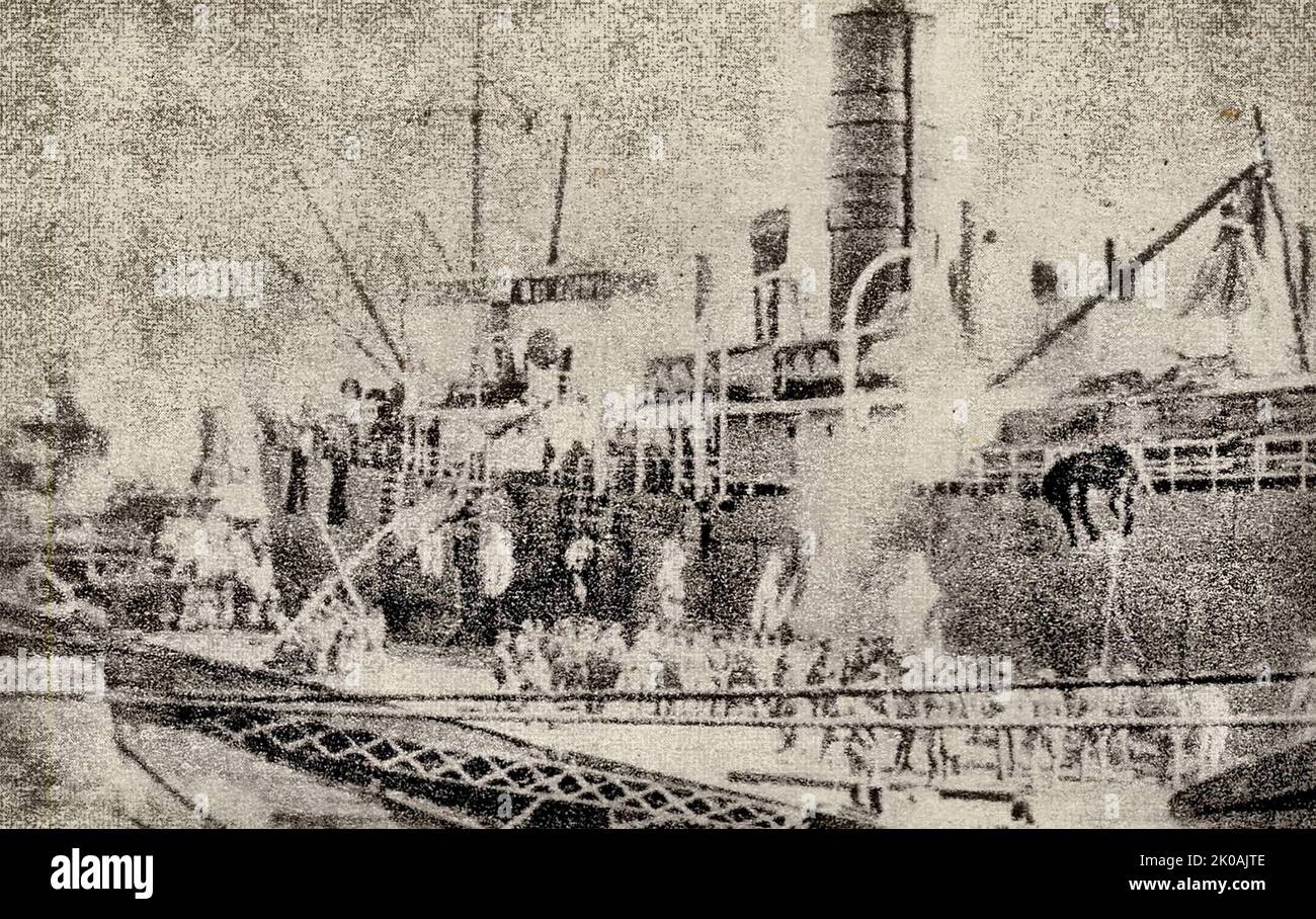Mehr als 30.000 japanische Eindringlinge landen in Shanghai Huishan Matou (Kai). Stockfoto