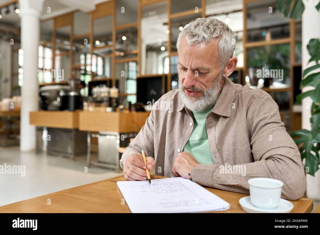 Älterer Geschäftsmann, der in einem Notizbuch Notizen gemacht hat, um an neue Ideen zu denken. Stockfoto