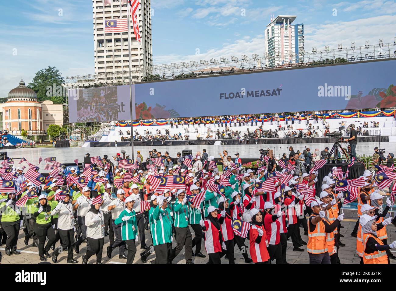 Marching Contingent Malaysia Government Agency während der Probe des Malaysia Day 65 in Dataran Merdeka in Kuala Lumpur, Malaysia. Stockfoto