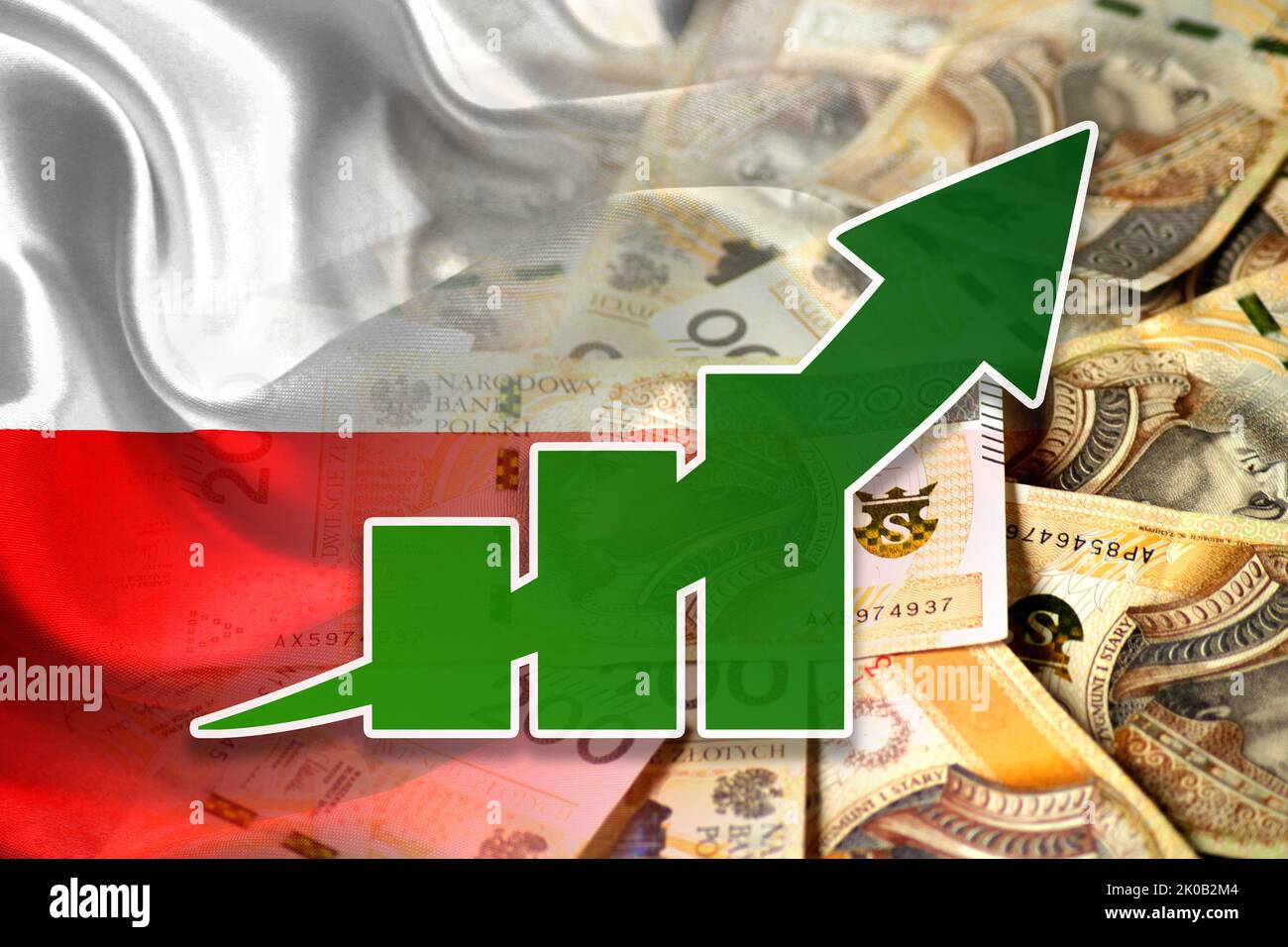 Wirtschaftsdiagramm: Steigender Pfeil, polnische złoty-Geldscheine und polnische Flagge (Geld, Wirtschaft, Unternehmen, Finanzen, Inflation, Krise) Stockfoto