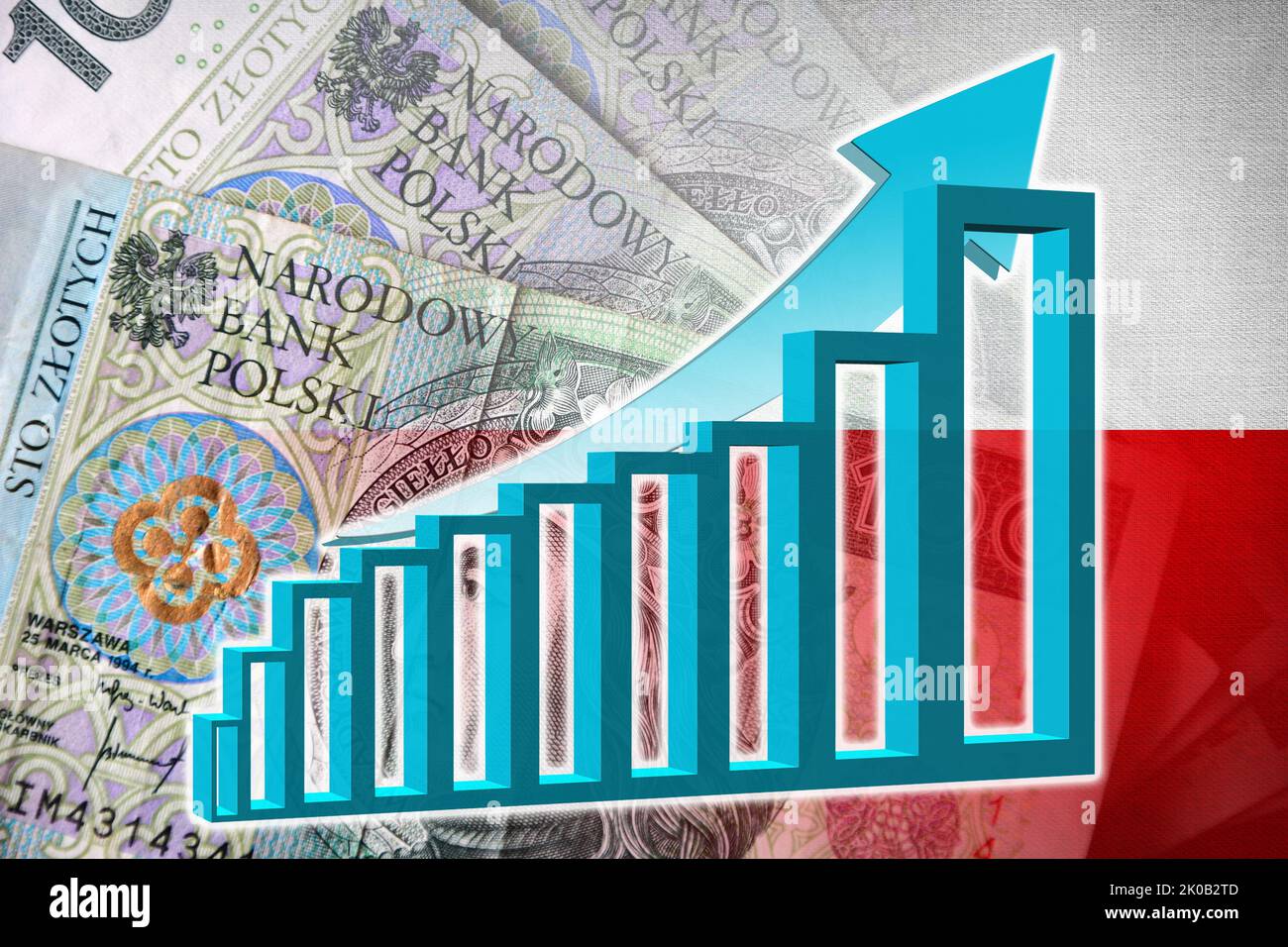 Wirtschaftsdiagramm: Steigender Pfeil, polnische złoty-Geldscheine und polnische Flagge (Geld, Wirtschaft, Unternehmen, Finanzen, Inflation, Krise) Stockfoto