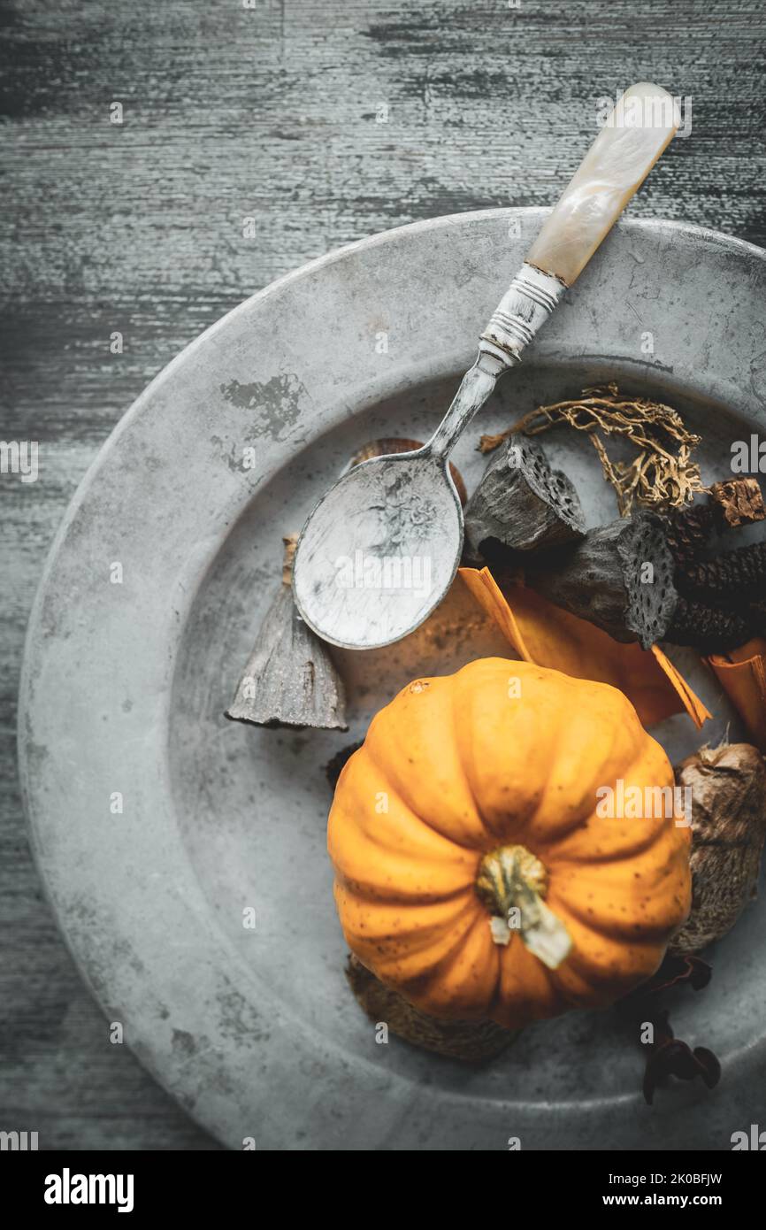 Herbstliche Anordnung von reifen frischen Kürbis, trockenen Blumen und anderen organischen trockenen Gegenständen auf einem rustikalen Silberteller und einer grungigen Tischplatte. Stockfoto