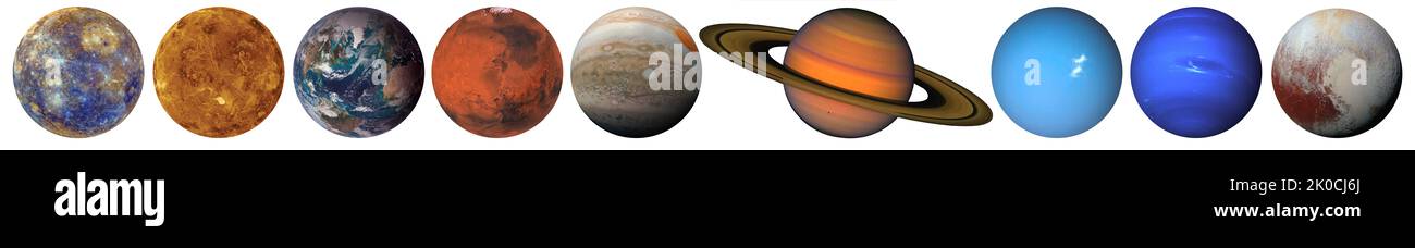 Sonnensystem Planeten in der Reihenfolge, Satz aller Planeten isoliert auf weißem Hintergrund. Elemente dieses Bildes, die von der NASA eingerichtet wurden. Stockfoto