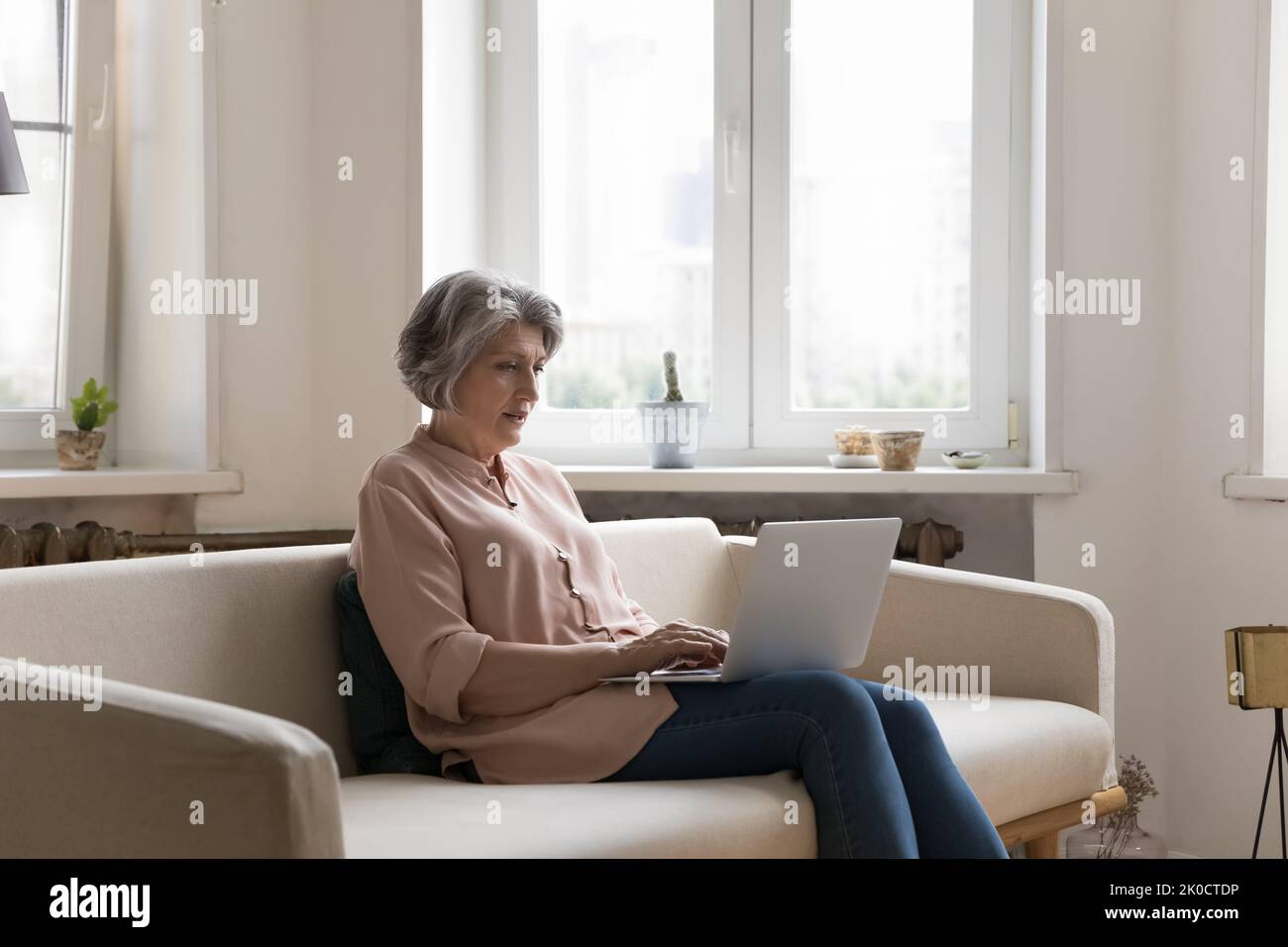 Leitende freiberufliche Geschäftsfrau, die zu Hause einen Laptop benutzt Stockfoto