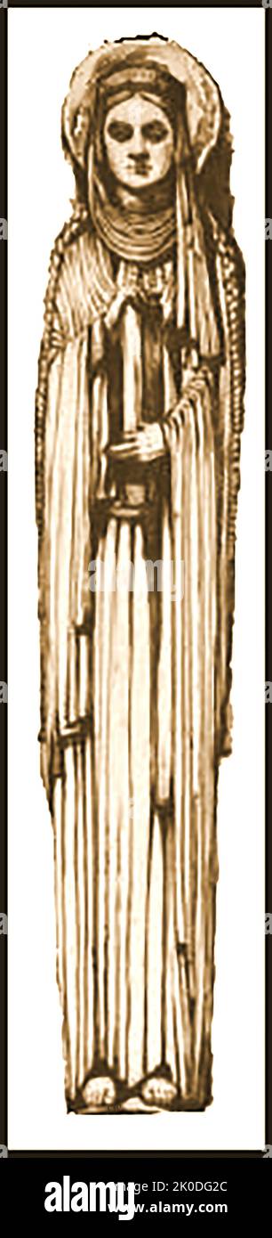 Ein altes britisches geschnitztes Bild der Heiligen Radegunda, Königin, Gemahlin von Clotaire I., König der Franken. Ihr Name wurde auch geschrieben Radegund, Radegundis, Rhadegund, Radegonde, und Radigund (circa. 520 – 587) war eine thüringische Prinzessin und fränkische Königin, die die Abtei vom Heiligen Kreuz in Poitiers gründete. Sie ist die schutzpatronin des Jesus College, Cambridge (voller Name: „Das Kolleg der seligen Jungfrau Maria, der heilige Johannes der Evangelist und die glorreiche Jungfrau Heilige Radegund, in der Nähe von Cambridge“ --- Une ancienne image sculptée de saint Radegunda, reine, épouse de Clotaire Ier, roi des Francs. Stockfoto
