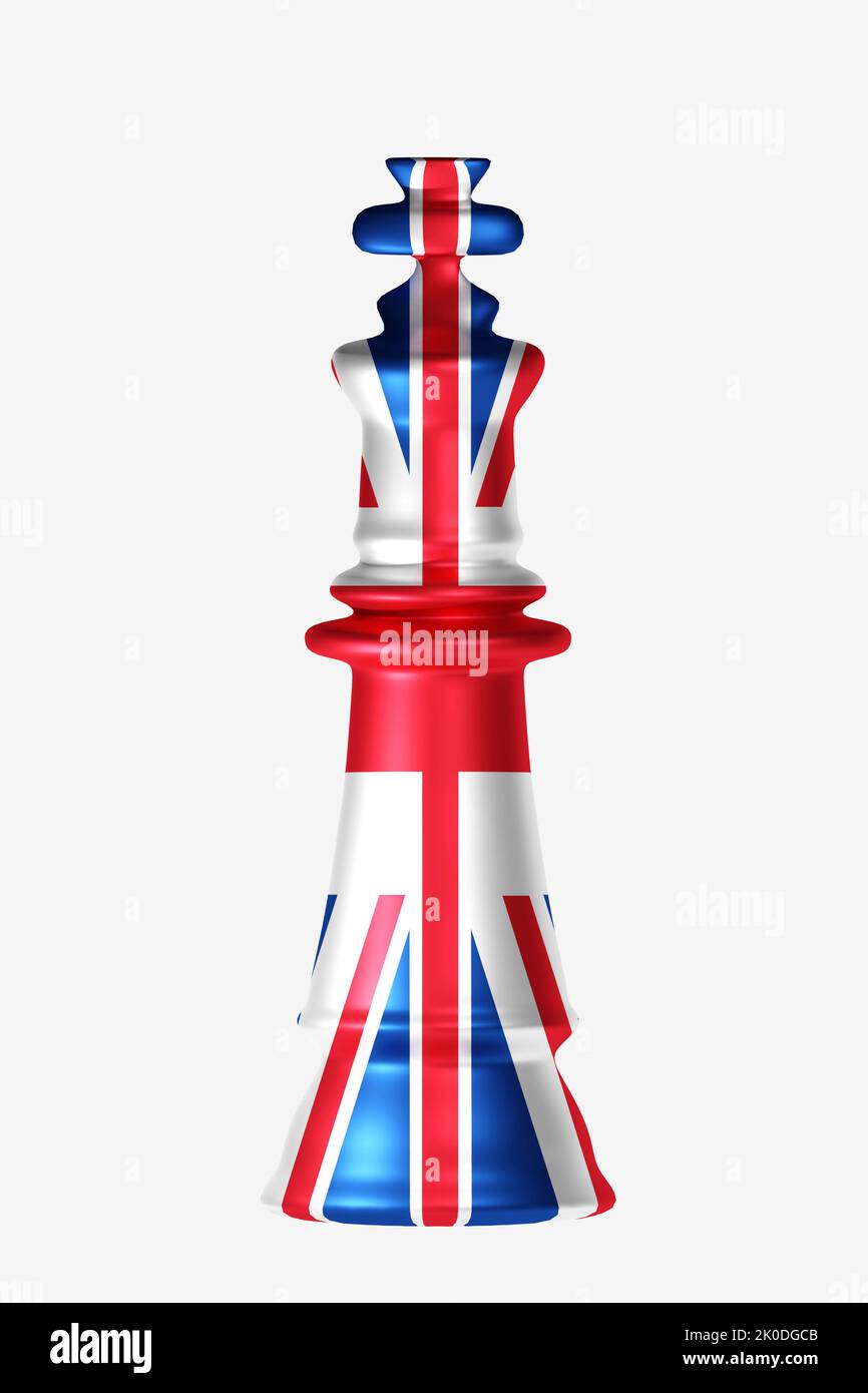 Chess King in der britischen Flagge gemalt. 3D Darstellung rendern. Stockfoto
