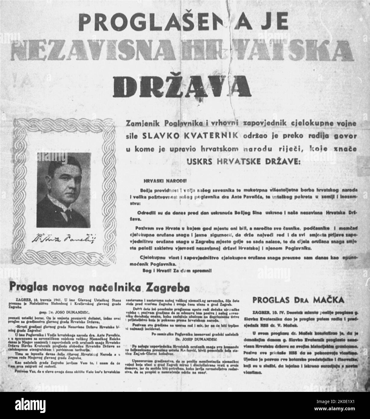 Offizielle Proklamation der Gründung eines unabhängigen kroatischen Staates. Abgebildet ist Ante Pavelia, Anführerin der Ustasa-Bewegung und Leiterin des neuen kroatischen Staates, 10. April 1941. Stockfoto