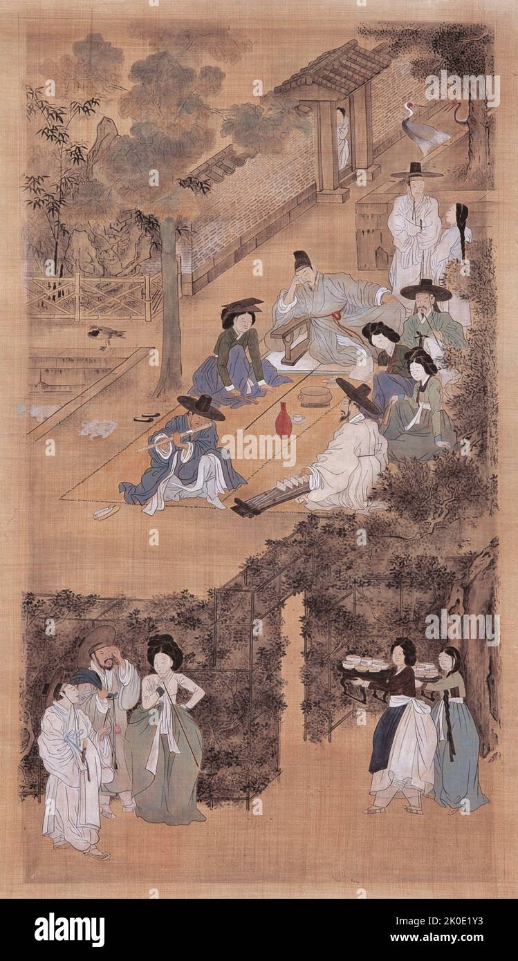 Gemälde mit koreanischen Männern des Yangban-Adels, die sich in einem kisaeng-Haus aus dem 18.. Jahrhundert entspannen. Von Danwon Kim Hong-do (c1745 - 1816). Stockfoto