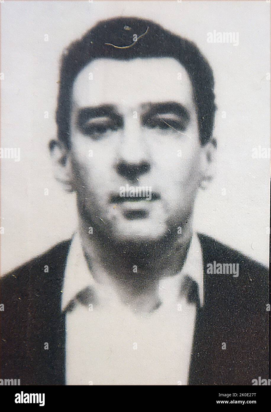 Reginald 'Reggie' Kray (1933 - 2000), einer der Zwillingsbrüder, die englische Kriminelle waren, die führenden Täter des organisierten Verbrechens im East End von London von Ende 1950s bis 1967. Mit ihrer Bande, bekannt als die Firma, waren die Krays an Mord, bewaffnetem Raub, Brandstiftung, Schutzschlägern und Übergriffen beteiligt. Stockfoto