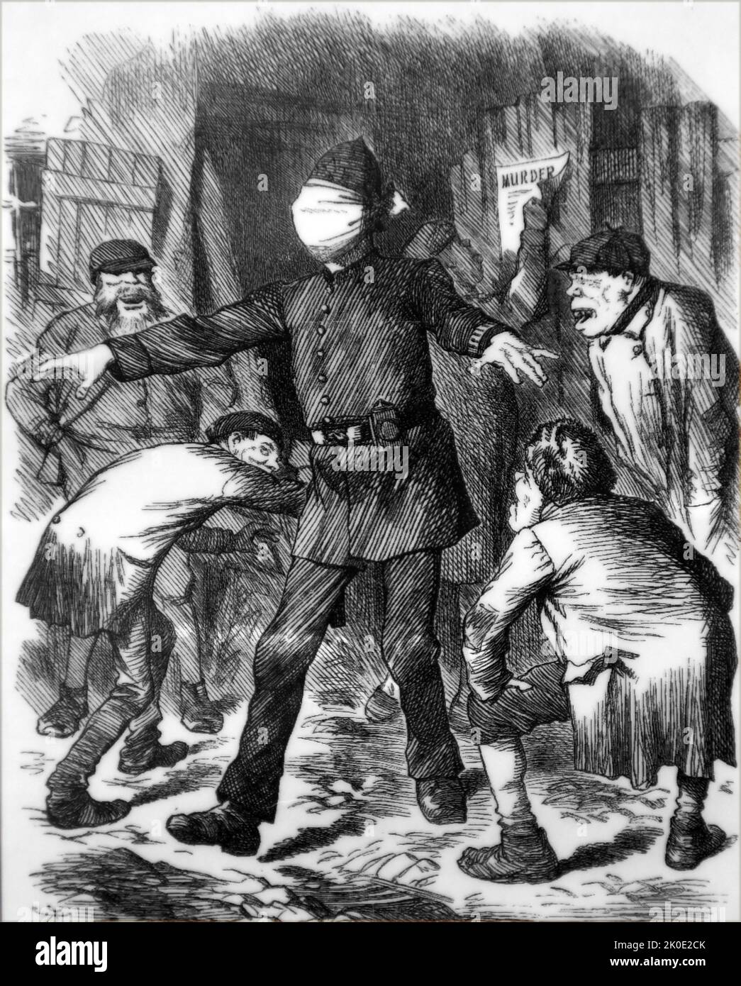 Punch Cartoon aus dem Jahr 1888 kritisierten Londoners und beschuldigten die Polizei, Jack the Ripper nicht gefangen zu haben. Stockfoto