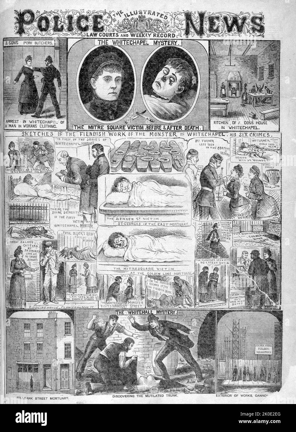 Zeitungsbericht von 1888 über den berüchtigten, nicht identifizierten Serienmörder Jack the Ripper, der vermutlich von Ende August bis Anfang November 1888 mindestens fünf Frauen in den Londoner Bezirken Whitechapel und Spitalfields getötet und verstümmelt haben soll. Stockfoto