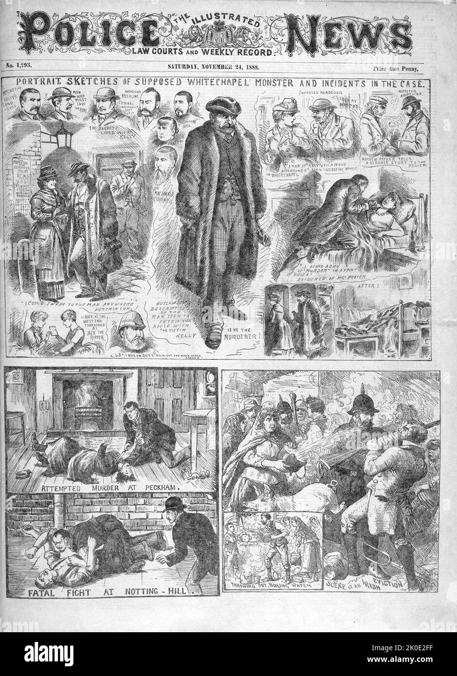 Zeitungsbericht von 1888 über den berüchtigten, nicht identifizierten Serienmörder Jack the Ripper, der vermutlich von Ende August bis Anfang November 1888 mindestens fünf Frauen in den Londoner Bezirken Whitechapel und Spitalfields getötet und verstümmelt haben soll. Stockfoto