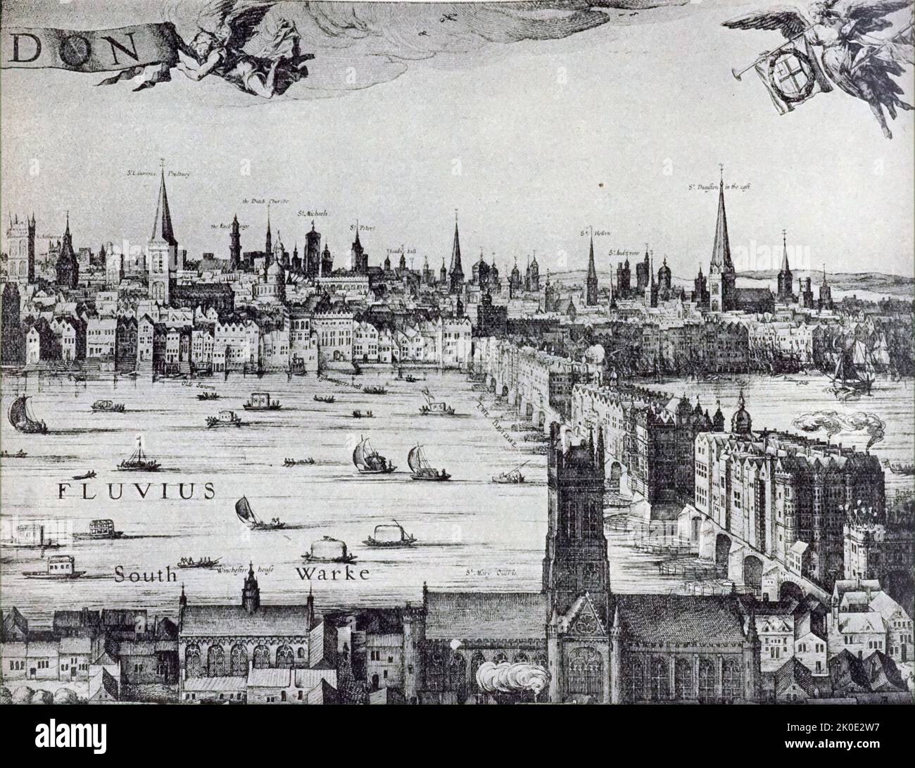 Gravur der Londoner Skyline vor dem großen Feuer von London, 1665. Stockfoto