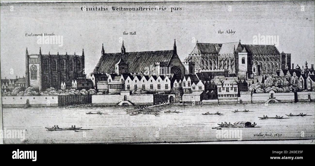 London vor dem Großbrand von London 1665. Das Parlament, die Westminster Hall und die Westminster Abbey werden gezeigt. Stockfoto