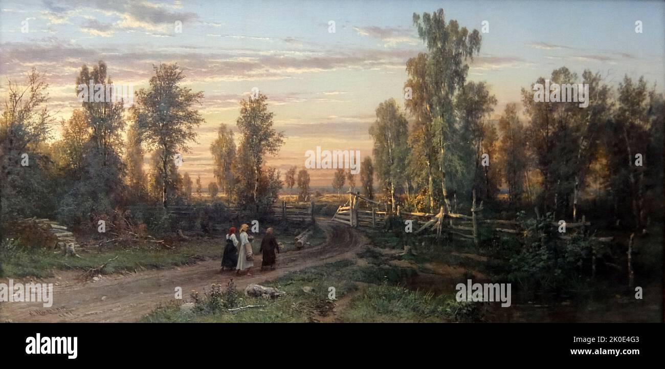Abend, 1871 von Ivan Iwanowitsch Schischkin (1832 - 1898); russischer Landschaftsmaler, der eng mit der Peredwischniki-Bewegung verbunden ist. Iwan Iwanowitsch Schischkin (25. Januar 1832 - 20. März 1898) war ein russischer Landschaftsmaler, der eng mit der Peredwischniki-Bewegung verbunden war. Stockfoto