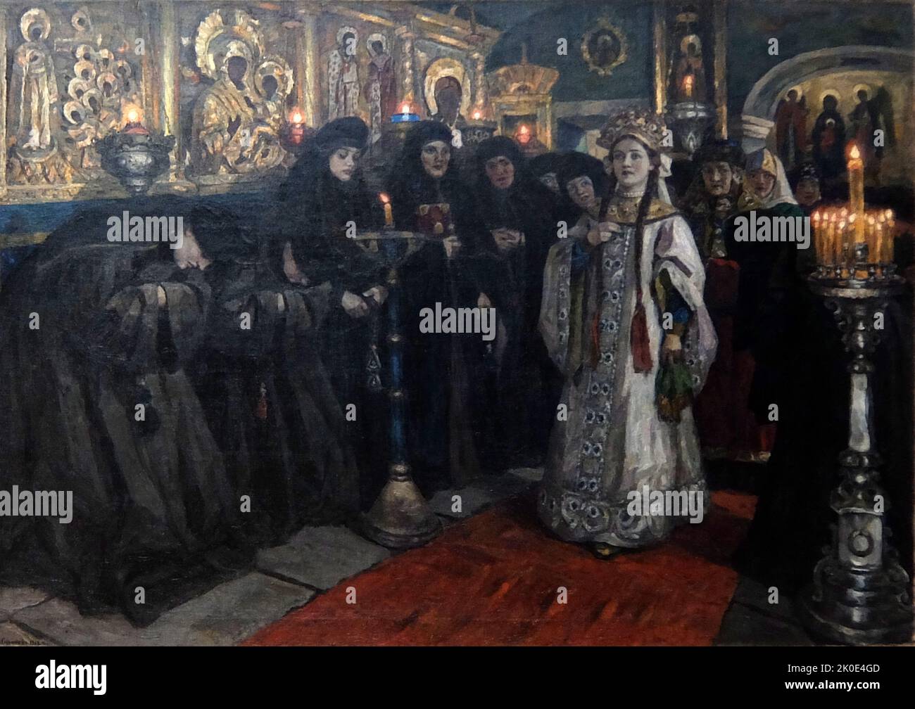 Besuch der Zarin in einem Kloster, 1912 von Wassilij Iwanowitsch Surikow (1848 - 1916); russischer Maler der realistischen Geschichte. Stockfoto