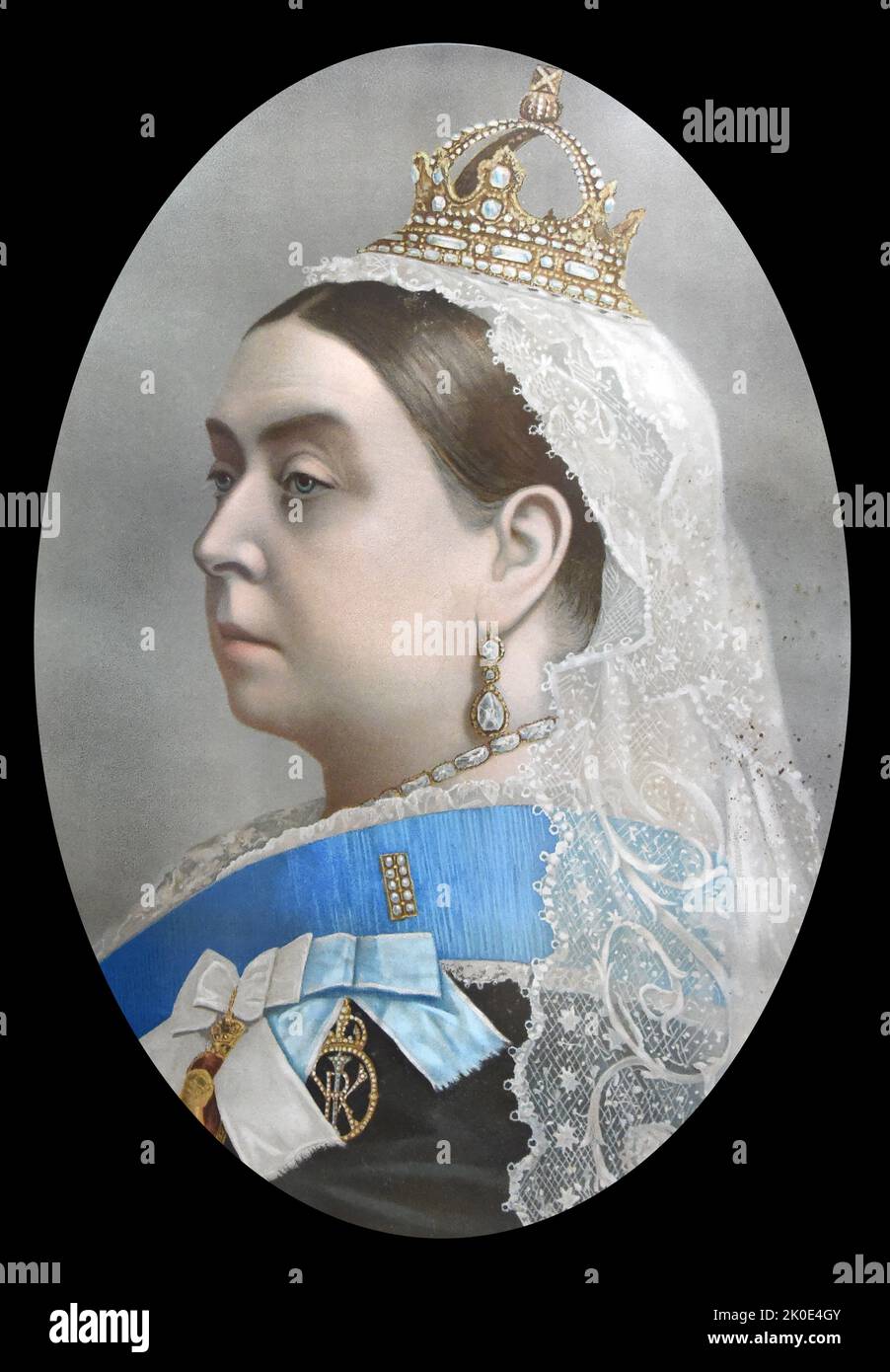 Victoria, Königin des Vereinigten Königreichs von Großbritannien und Irland von 1837 bis zu ihrem Tod im Jahr 1901. Am 1. Mai 1876 übernahm sie den zusätzlichen Titel der Kaiserin von Indien. Bekannt als die viktorianische Ära, war ihre Herrschaft von 63 Jahren und sieben Monaten länger als die ihrer Vorgänger. Stockfoto