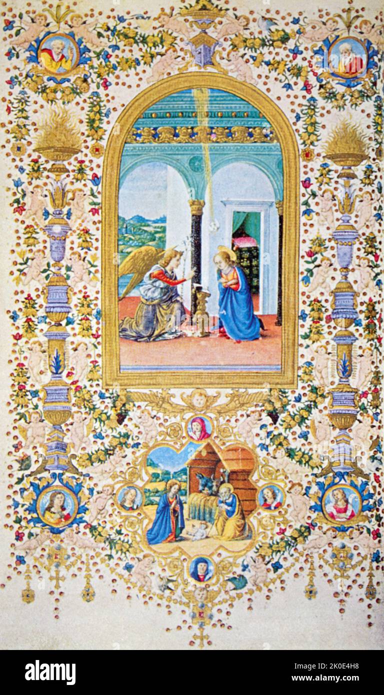Francisco D'antonio Mariä Verkündigung Krippe und Zierfriesen aus dem "Stundenbuch der seligen Jungfrau" 1458. Florenz, Italien. Stockfoto