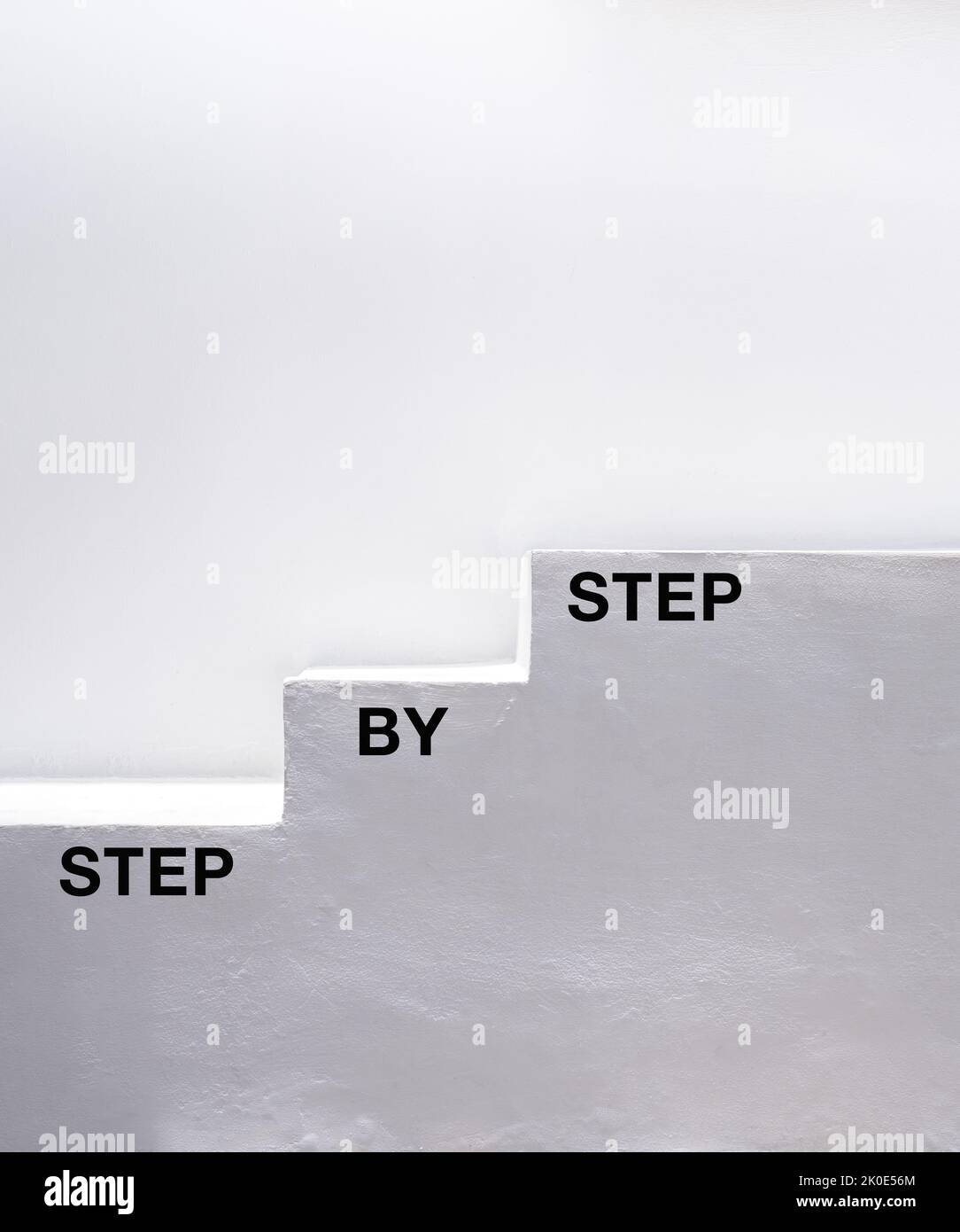 Schritt-für-Schritt-Konzept. Die Wörter, Schritt für Schritt, schwarzer Farbtext auf weißen Bautreppen wie Chart-Schritte auf Betonwand mit Kopierraum, vertisch Stockfoto