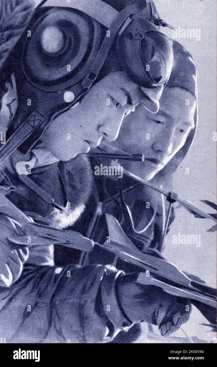 Propagandafoto des nordkoreanischen Militärs, das sich darauf vorbereitet, den Staat gegen Invasion oder Angriff zu verteidigen. 1963. Stockfoto
