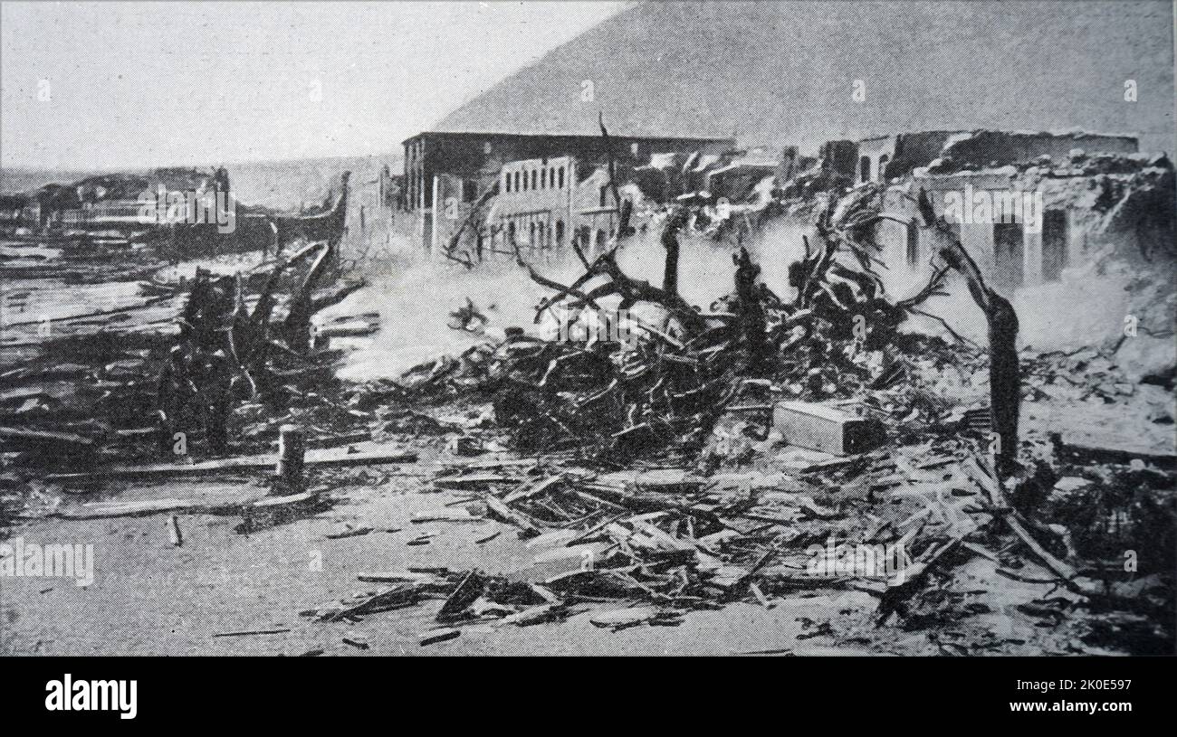 Im Jahr 1902 zerstörte ein Vulkanausbruch vom Mount Pelee, Martinique, die gesamte Nordseite und zerstörte die Stadt Saint-Pierre vollständig. Stockfoto