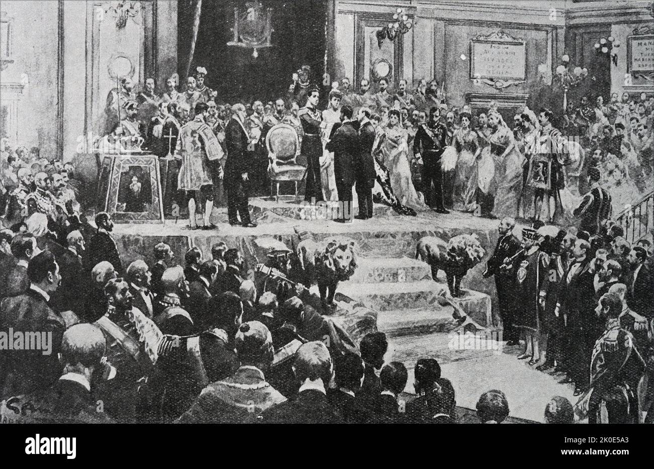 Der König, der den Eid zur Verfassung in der Halle von Cortes, 1902. Alfonso XIII (1886 - 1941), König von Spanien vom 17. Mai 1886 bis zum 14. April 1931, als die zweite spanische Republik ausgerufen wurde. Stockfoto