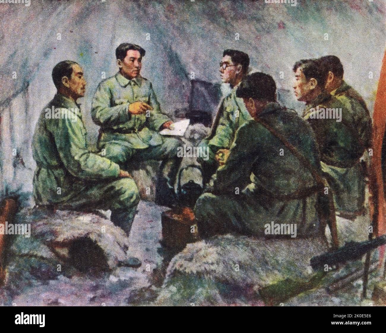 Nordkoreanisches Propagandaöl-Gemälde, das Widerstandskämpfer zeigt, die Angriffe gegen die Japaner planen. Treffen der Männer und Frauen in Langgang-hyeon, 1938. Stockfoto