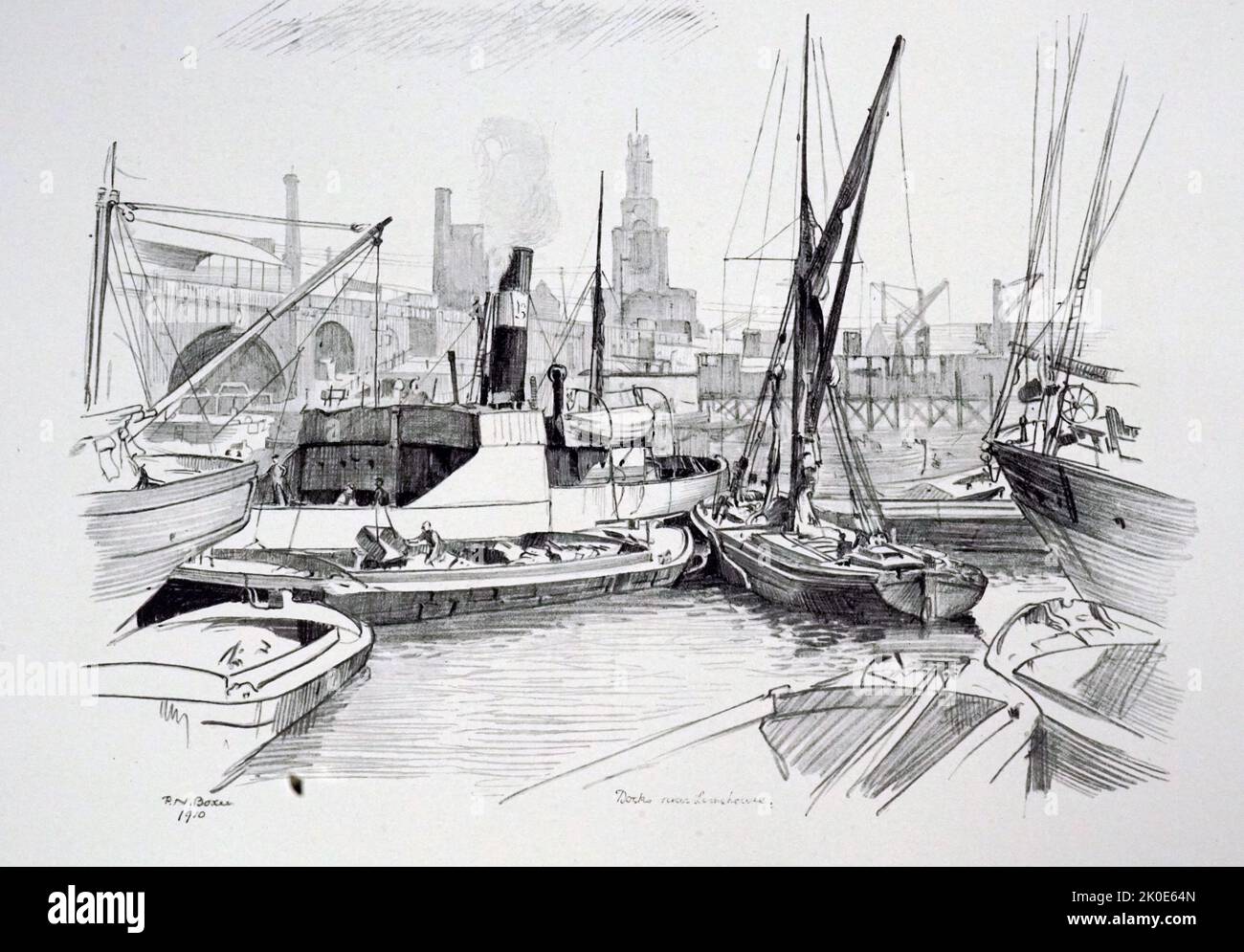 Docks in der Nähe von Limehouse by Percy Noel Boxer. Zeichnung, eingeschrieben mit Unterschrift, Titel und Datum, 1910. Stockfoto