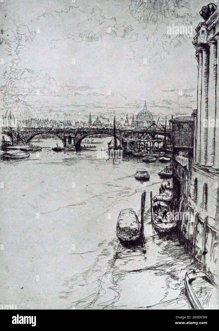 Die Löwenbrauerei, Blick von der Charing Cross Bridge. Radierung von James McBey (23. Dezember 1883 - 1. Dezember 1959), einem weitgehend autodidaktischen Künstler und Radierer, dessen Drucke während der späteren Phasen der Radierung im frühen 20.. Jahrhundert hoch geschätzt wurden. Stockfoto
