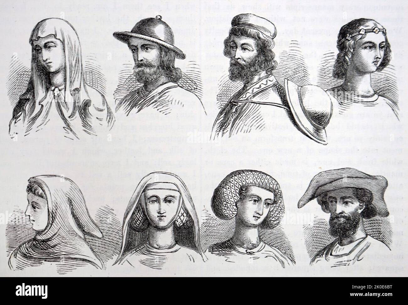 Männliches und weibliches Kopfkleid aus dem 13.. Jahrhundert. Europäische Illustration. Stockfoto