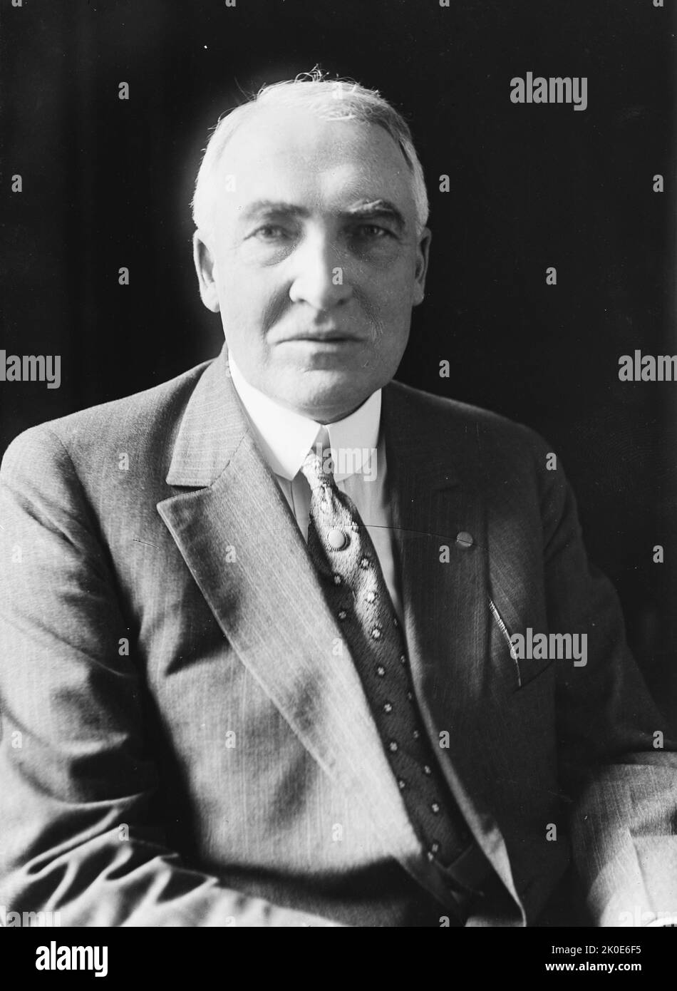 Warren Gamaliel Harding (2. November 1865 - 2. August 1923) war der Präsident der Vereinigten Staaten von 29. und diente von 1921 bis zu seinem Tod im Jahr 1923. Ein Mitglied der Republikanischen Partei. Stockfoto