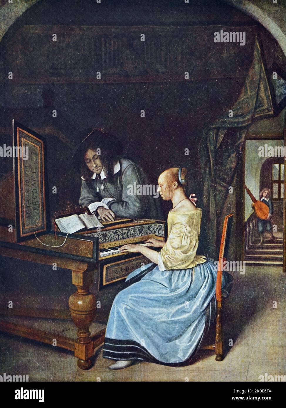 Der Musikmeister. Frau, die Klavier spielt. Theorbo im Hintergrund. Von Jan Havickszoon Steen (c. 1626 - begraben 3. Februar 1679) ein holländischer Maler des Goldenen Zeitalters. Stockfoto